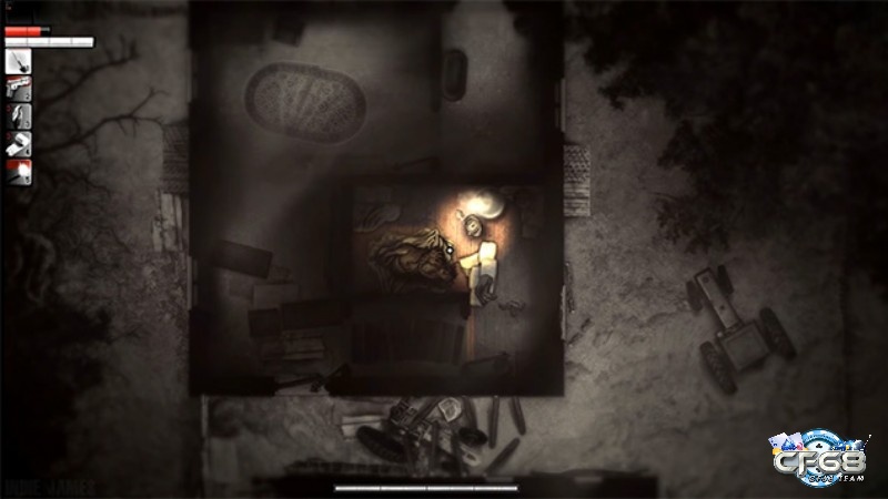 Đồ họa trong game Darkwood là đồ họa 2D có màu tối giản tập trung vào những gam màu u ám