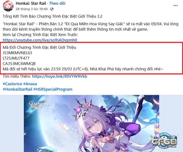 Các mã code được cập nhật liên tục trên fanpage