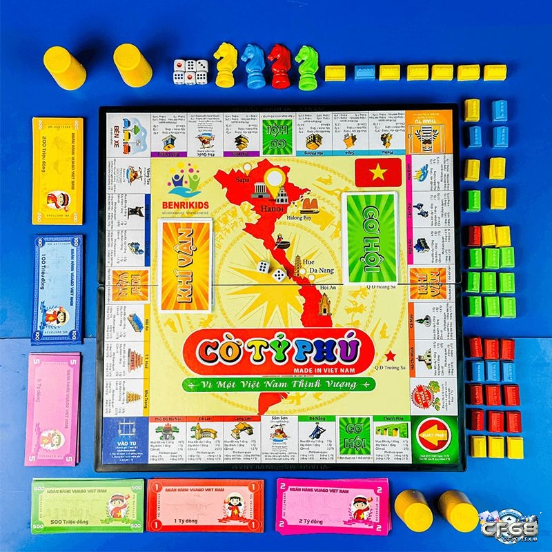 Bàn cờ, xúc xắc, quân cờ, tiền giấy và thẻ quyền sở hữu tạo nên ván chơi bài tỷ phú thú vị.