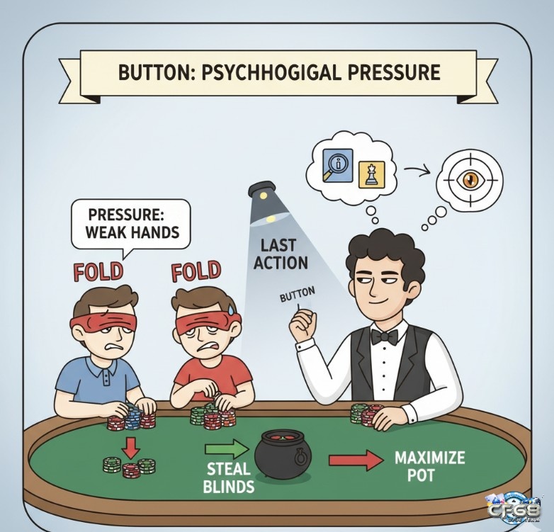 Người chơi Poker ở vị trí Button tận dụng lợi thế thông tin để gây áp lực tâm lý lên đối thủ, trở thành "kẻ săn mồi" trên bàn đấu