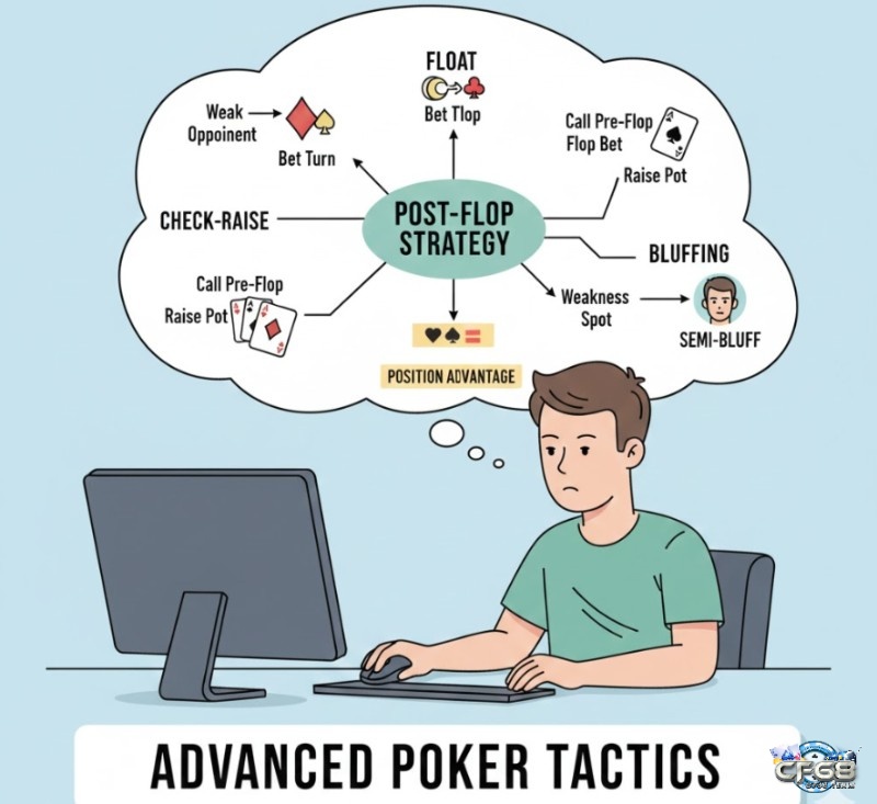 Người chơi Poker ở vị trí Button áp dụng chiến thuật float, check-raise và bluff để đọc vị, khai thác điểm yếu của đối thủ và tối đa hóa lợi thế post-flop