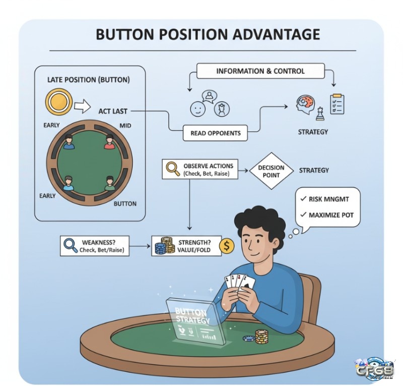 Người chơi Poker ở vị trí Button, hành động cuối cùng để thu thập thông tin và kiểm soát ván bài, đưa ra quyết định đặt cược thông minh