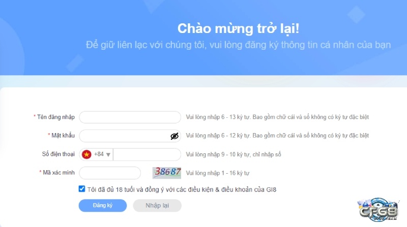 Người dùng đăng ký Gi8 trên PC hoặc điện thoại bằng việc nhập dữ liệu cá nhân, thiết lập mật khẩu và đồng ý các điều khoản sử dụng
