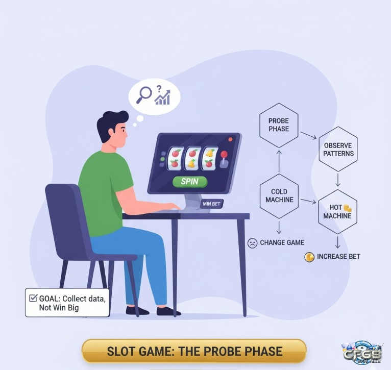 Người chơi game nổ hũ thực hiện ""dò hũ"" với cược tối thiểu để quan sát nhịp độ và tần suất thắng của máy