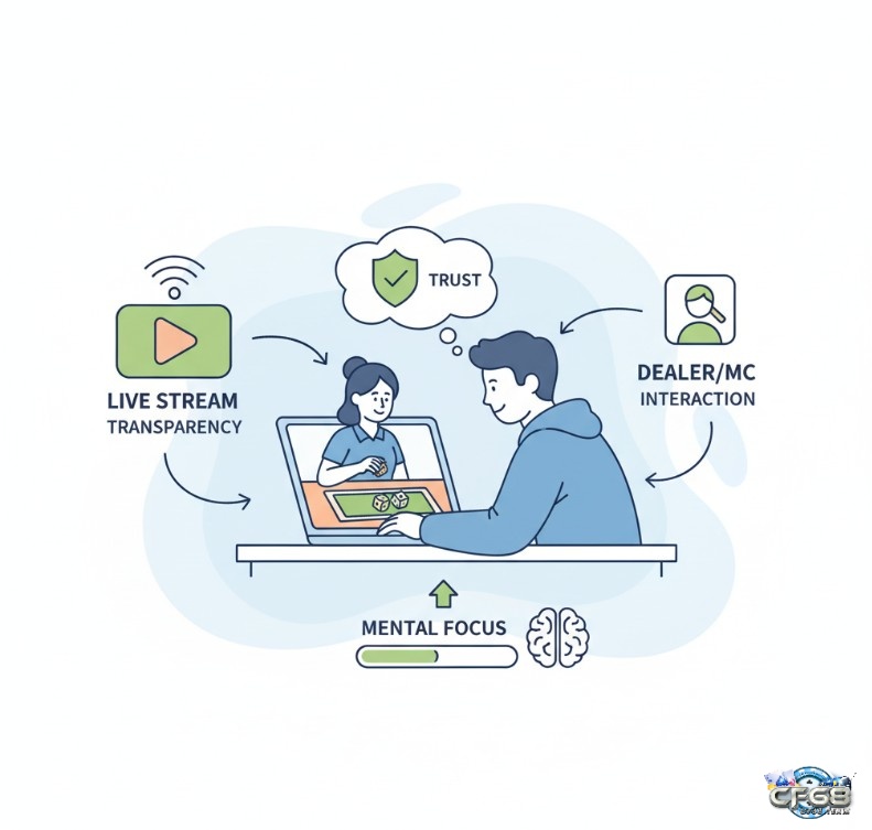 Người chơi tương tác với dealer qua livestream trên máy tính, cảm thấy an tâm và tin cậy vào tính minh bạch
