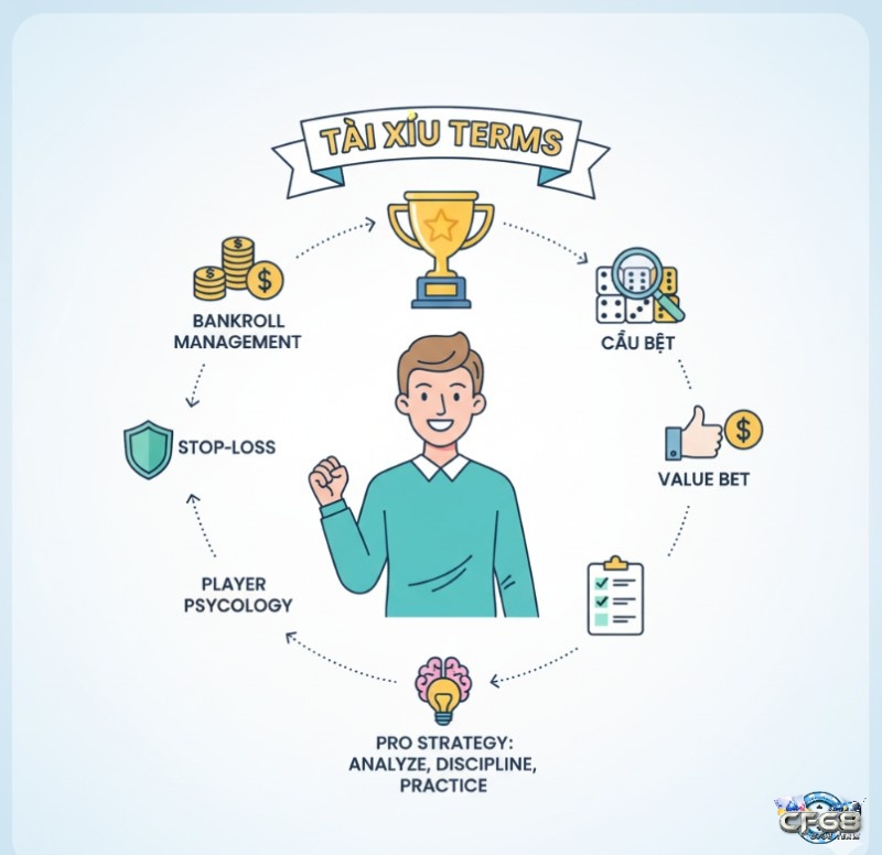 Người chơi áp dụng các thuật ngữ Tài Xỉu phổ biến như "Bankroll," "Kèo Thơm," "Cầu Bệt," và "Stop-Loss" để tự tin và làm chủ cuộc chơi