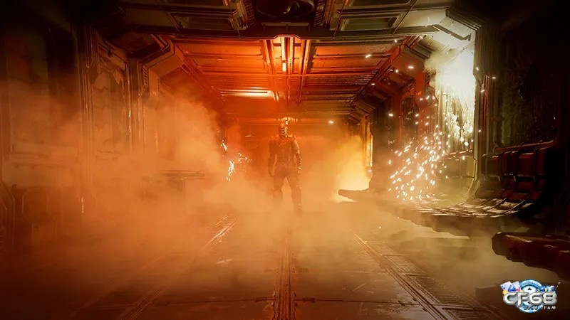 Cảnh Isaac đứng giữa hành lang tối trên tàu Ishimura trong game Dead Space (Remake) với ánh đèn đỏ cảnh báo