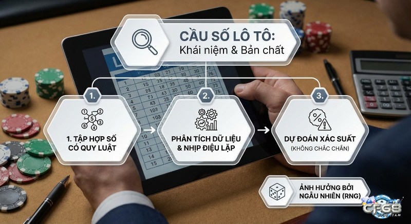 Quy trình 3 bước làm rõ khái niệm cầu số và bản chất khái niệm cầu số lô tô: tập hợp, phân tích, dự đoán, kèm yếu tố ngẫu nhiên RNG