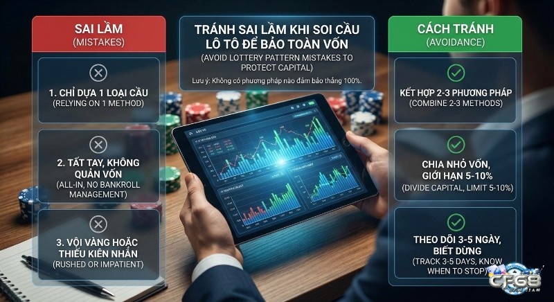 Bảng hướng dẫn 3 sai lầm và 3 cách tránh khi soi cầu lô tô, nhấn mạnh quản lý vốn và kiên nhẫn để bảo toàn vốn