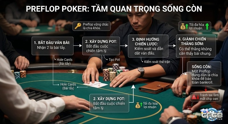 Quy trình 4 bước Preflop poker là gì để giành chiến thắng sớm, bảo toàn bankroll và tối đa hóa lợi nhuận