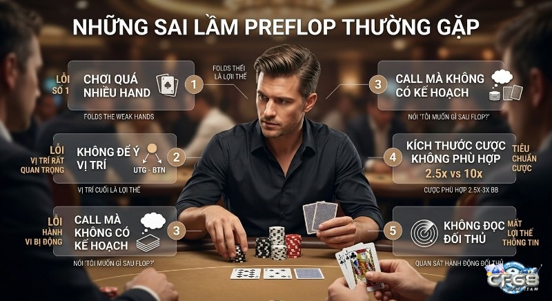 Tổng quan 5 lỗi Preflop poker là gì thường mắc phải khi chơi poker, từ chọn hand đến đọc đối thủ, cùng lời khuyên cải thiện kỹ năng