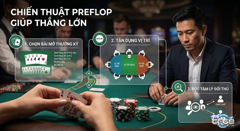Tổng quan 3 bước chiến thuật Preflop poker là gì giúp thắng lớn: chọn bài mở kỹ, tận dụng vị trí và đọc tâm lý đối thủ để tối ưu lợi nhuận