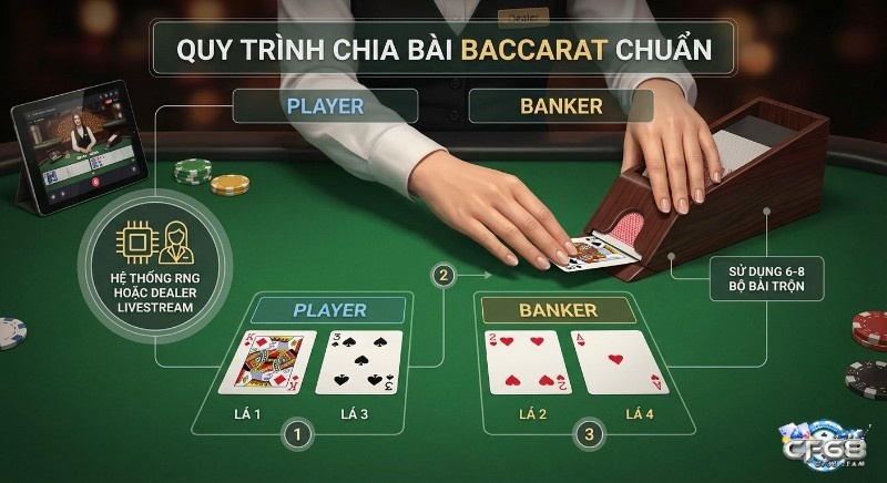 Quy trình chia bài Baccarat chuẩn từng bước, Dealer hoặc RNG chia lá 1,3 cho Player và lá 2,4 cho Banker từ 6-8 bộ bài
