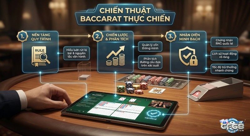 Quy trình chiến thuật Baccarat thực chiến 3 bước: nền tảng luật chơi, quản lý vốn & phân tích cầu, nhận diện minh bạch nhà cái
