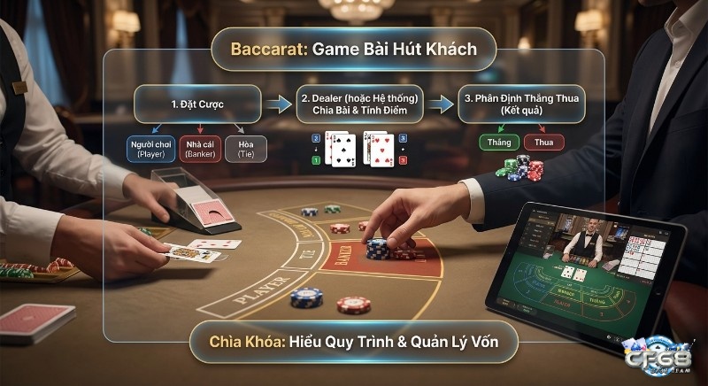 Quy trình 3 bước chơi Baccarat hiệu quả: Đặt cược, Dealer chia bài, phân định thắng thua, cùng chiến lược hiểu rõ quy trình và quản lý vốn trong quy trình một ván baccarat