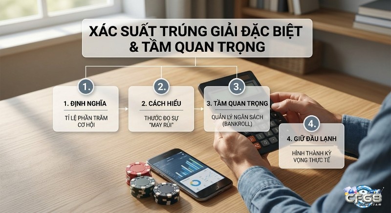 Sơ đồ tổng quan 4 khía cạnh, về xác suất trúng giải đặc biệt, và tầm quan trọng, từ định nghĩa đến quản lý bankroll và kỳ vọng