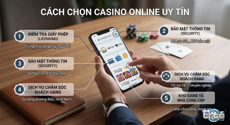Checklist 5 tiêu chí chọn Casino Online uy tín: giấy phép quốc tế, bảo mật SSL/KYC, hỗ trợ 24/7 và game công bằng mượt mà